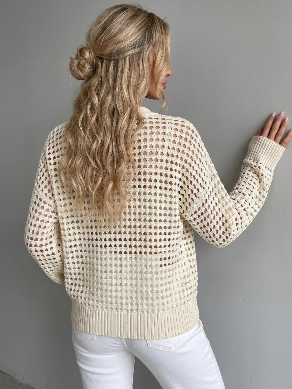 Women Hollow Out Knit Cardigan Button Front Lightweight Boho Sweater Top - Picture 2 of 4